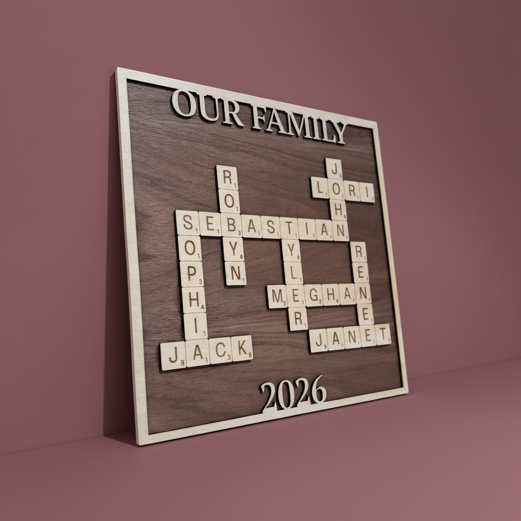 OUR FAMILY Sign - Left Lean Angle, Burgundy